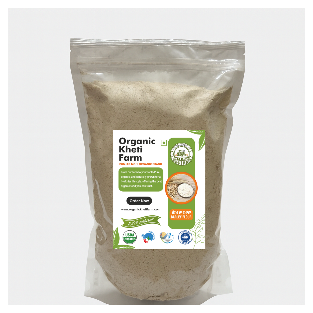 Close-up of organic barley flour in a traditional stone grinder with Punjab farm background
