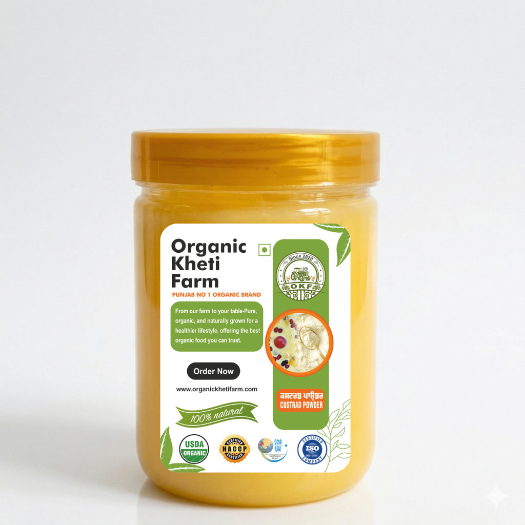 Organic Punjab farm fresh custard powder in a transparent jar with farm scenery in background