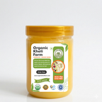 Organic Punjab farm fresh custard powder in a transparent jar with farm scenery in background