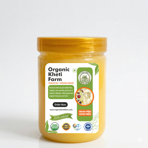 Organic Punjab farm fresh custard powder in a transparent jar with farm scenery in background