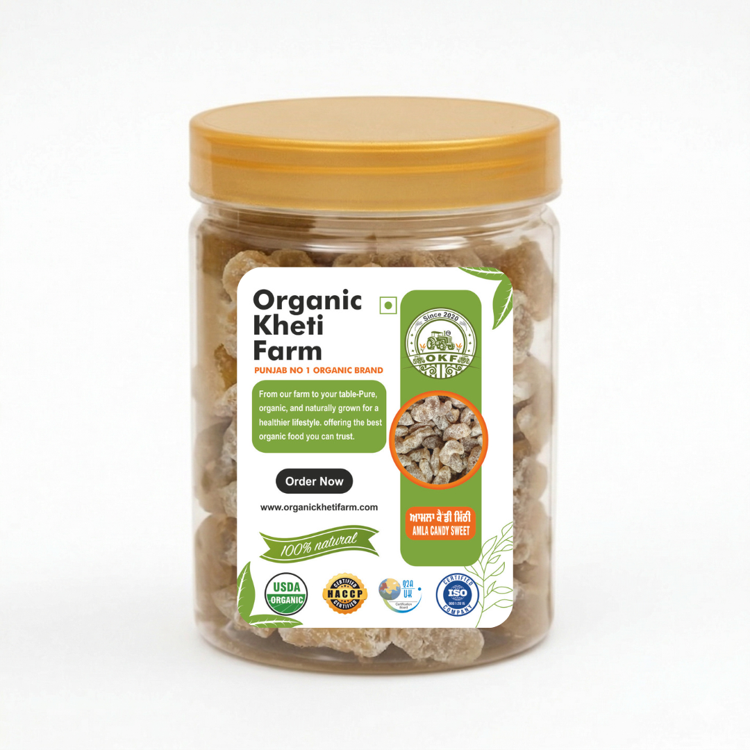 Farm-fresh organic Amla Candy Sweet made from Indian gooseberries, highlighting natural, chemical-free, traditional Indian sweet from Punjab farm