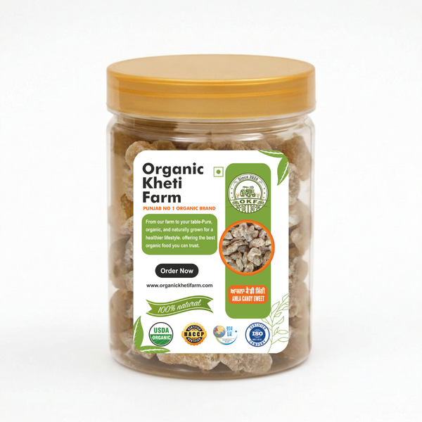 Farm-fresh organic Amla Candy Sweet made from Indian gooseberries, highlighting natural, chemical-free, traditional Indian sweet from Punjab farm
