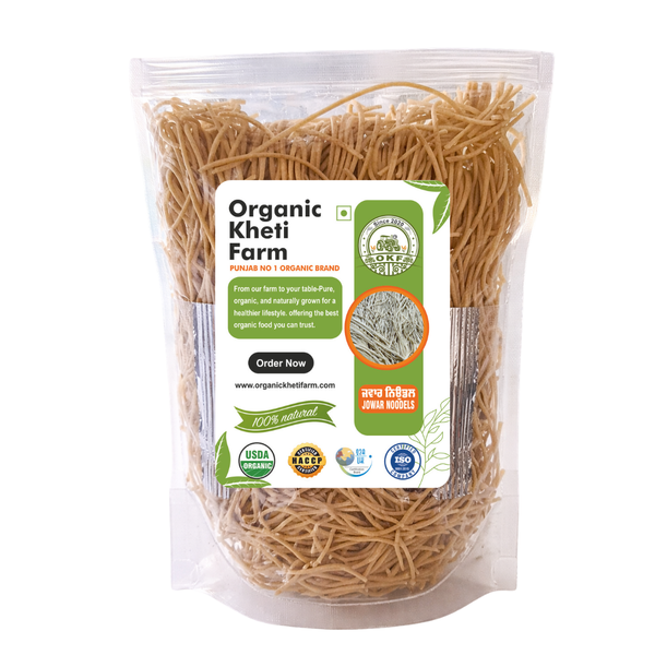 Organic Jowar millet noodles made from farm-fresh Punjab sorghum, gluten-free and natural, packed in eco-friendly packaging for healthy eating.
