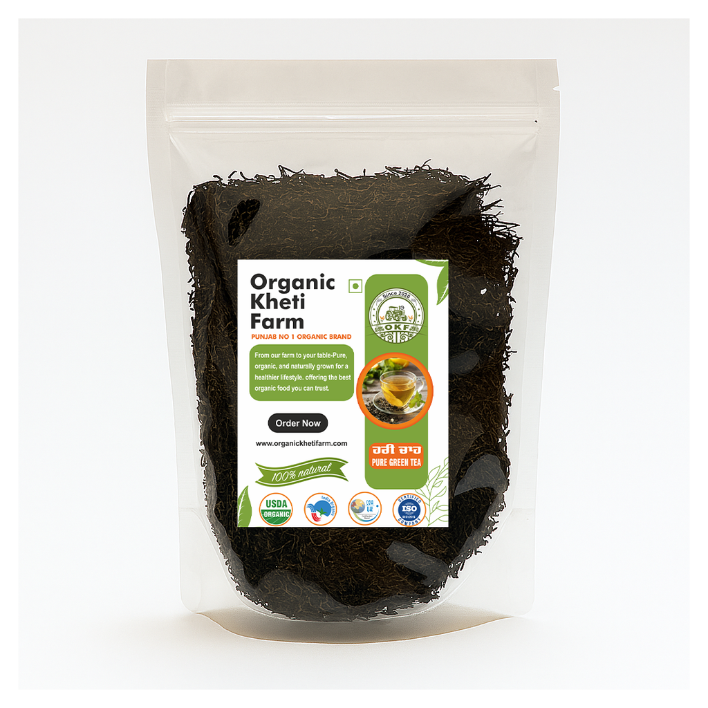 Fresh organic green tea leaves from Punjab farm, handpicked and packed for health-conscious consumers
