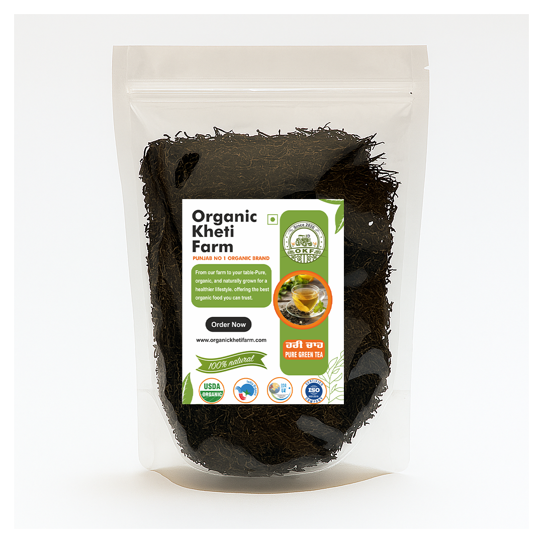 Fresh organic green tea leaves from Punjab farm, handpicked and packed for health-conscious consumers