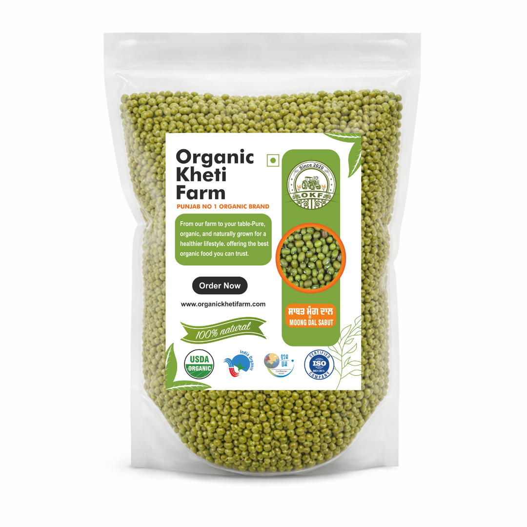 Fresh organic green moong dal from Punjab farm, unpolished, sun-dried, and pesticide-free, ideal for healthy cooking and sprouting.