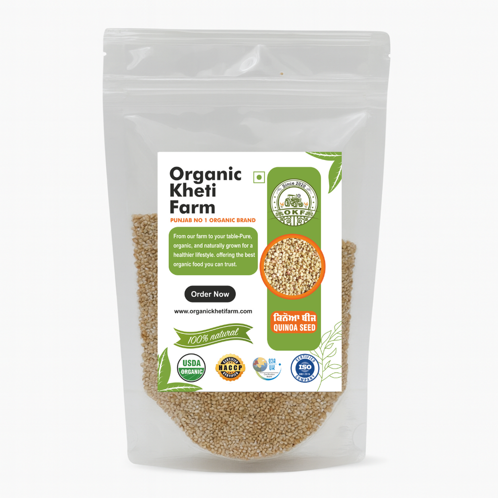 Close-up of organic white quinoa seeds from Punjab farm, highlighting purity and natural quality