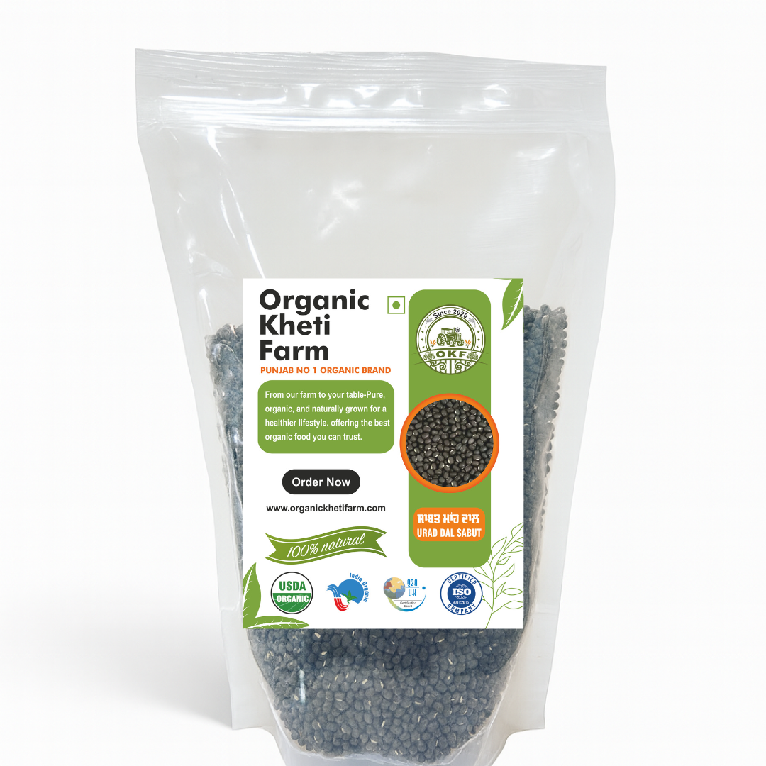 Close-up of organic black urad sabut dal grains from Punjab farm, showcasing natural, unpolished pulses for healthy cooking.