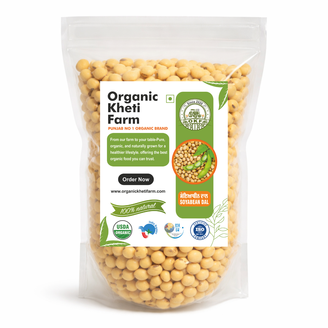 Organic Punjab farm soyabean dal in a rustic bowl, showcasing fresh, unpolished, chemical-free pulses from direct farm sourcing.