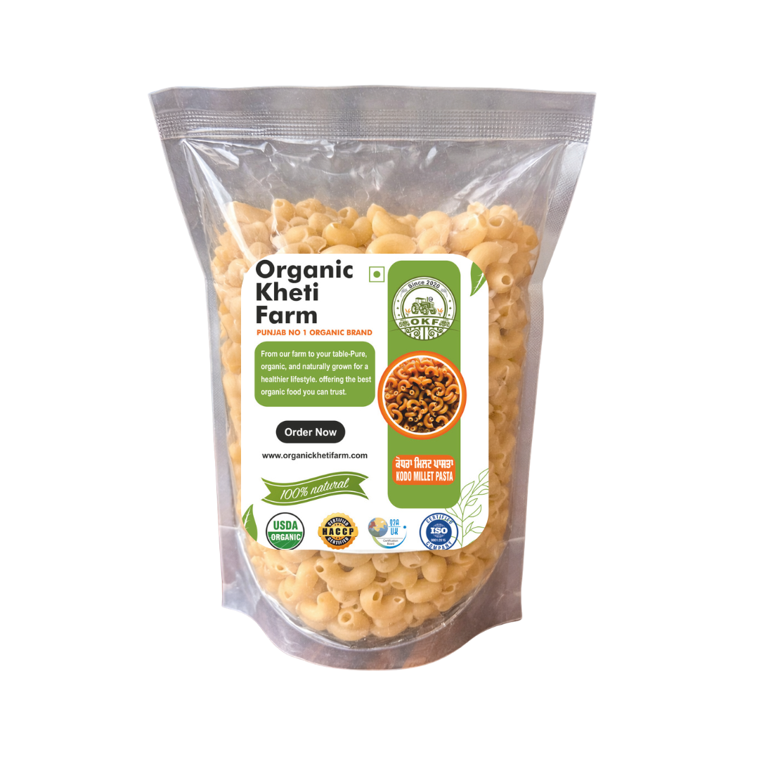 Organic Kodo Millet Pasta made from Punjab farm, gluten-free, high-fiber, natural, chemical-free, healthy Indian food product