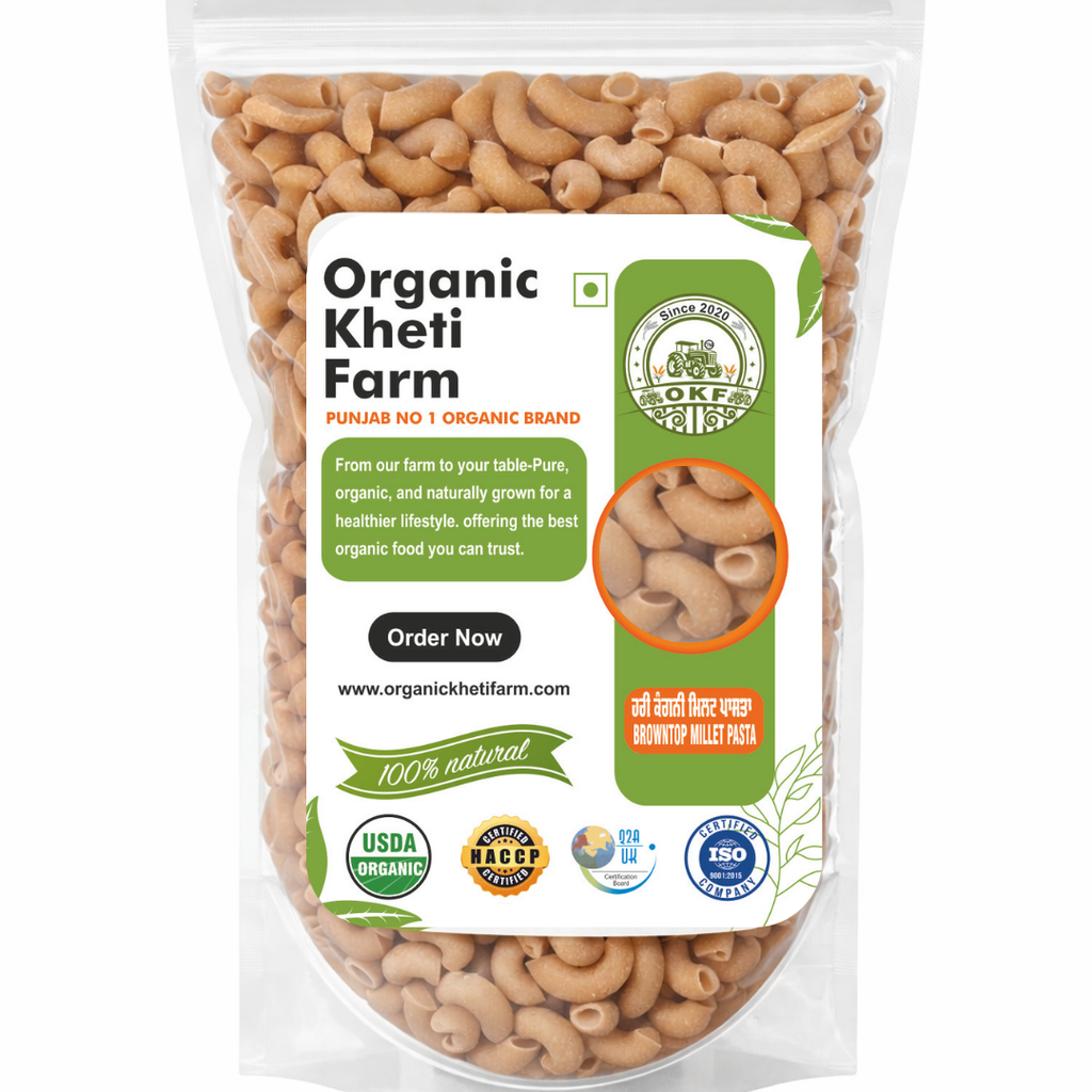Organic Browntop Millet Pasta made from farm-fresh millets grown in Punjab, highlighting natural, healthy, gluten-free qualities.