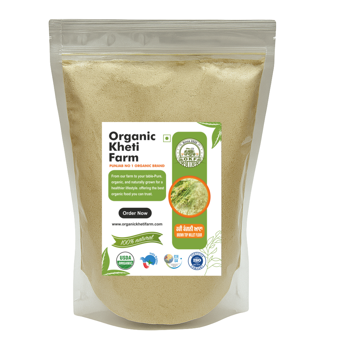 Organic Brown Top Millet Flour bag showing farm-fresh, gluten-free, natural millet flour sourced from Punjab farm