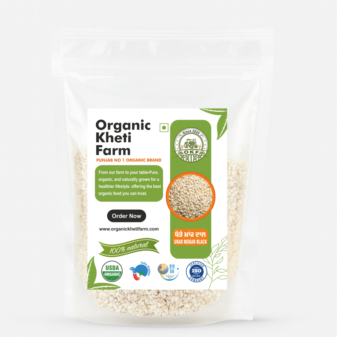 Close-up of organic Urad Mogar Dal split black gram from Punjab farm, showcasing fresh, unpolished pulses in a bowl