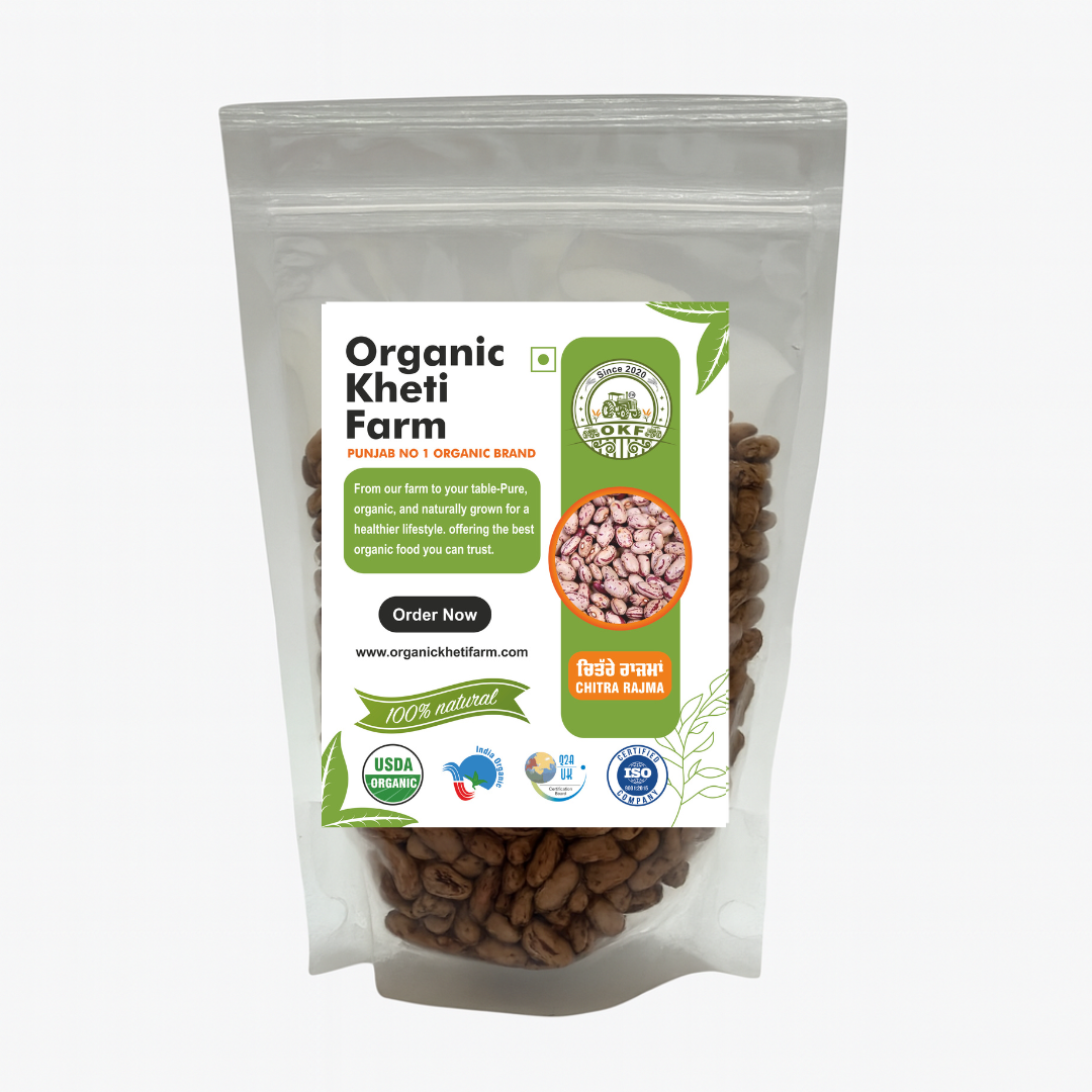 Close-up of organic Chitra Rajma kidney beans from Punjab farm, showcasing their rich color and natural texture for healthy cooking.