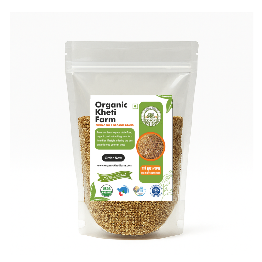 Close-up of organic unpolished millet seeds from Punjab farm, showcasing natural grains for healthy cooking