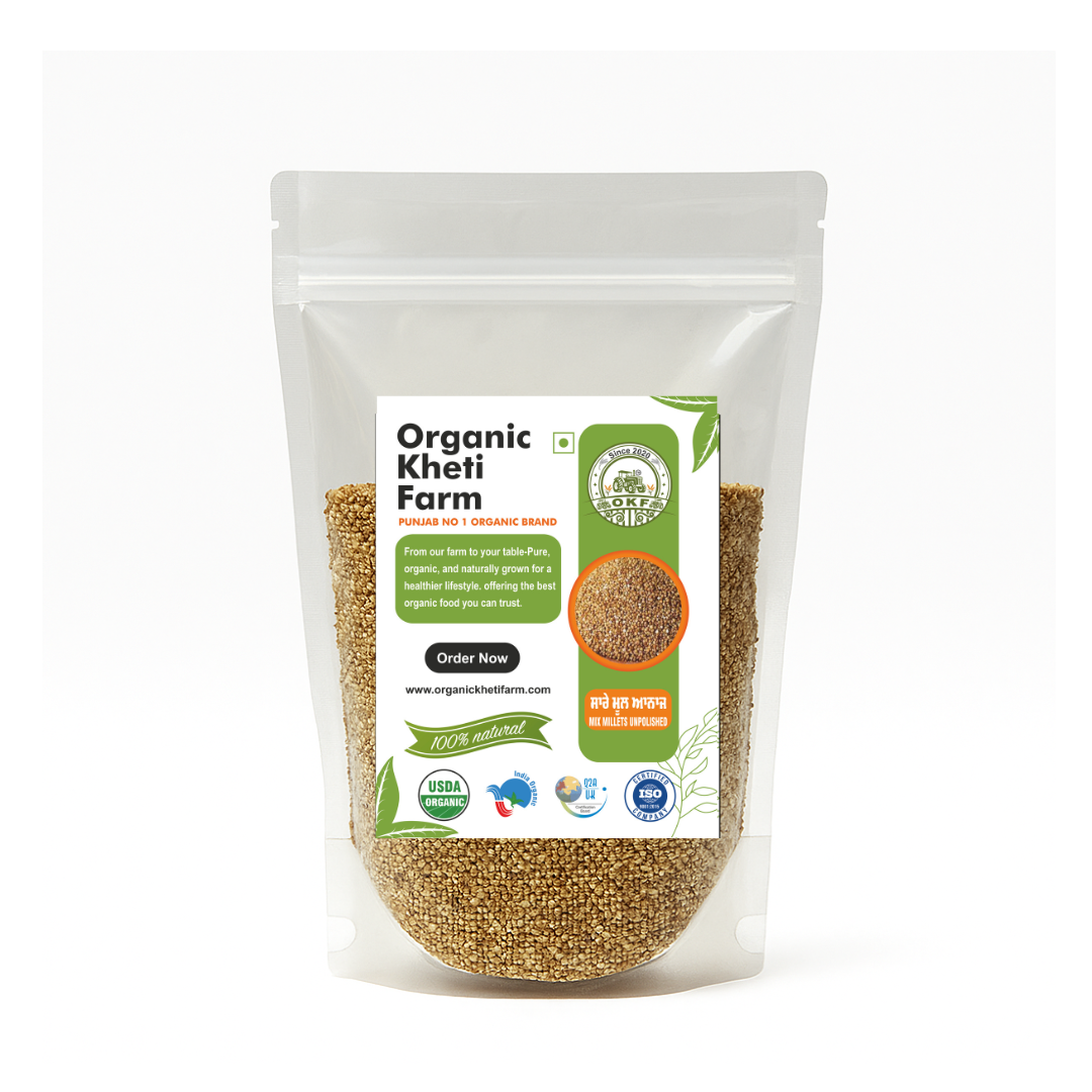 Close-up of organic unpolished millet seeds from Punjab farm, showcasing natural grains for healthy cooking