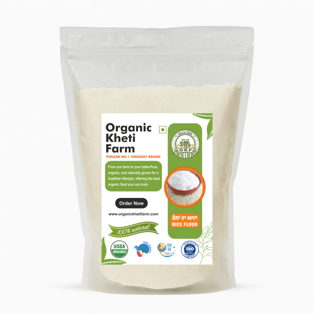 Organic Punjab farm fresh rice flour in a natural packaging with grains in the background