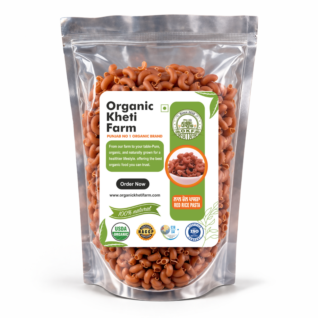 Organic red rice pasta made from farm-fresh Punjab red rice, natural and unpolished, perfect for healthy Indian meals