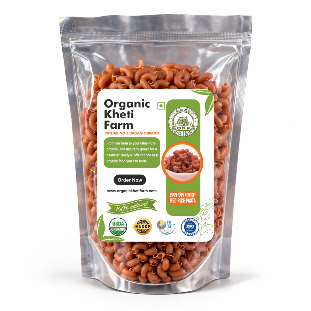 Organic red rice pasta made from farm-fresh Punjab red rice, natural and unpolished, perfect for healthy Indian meals