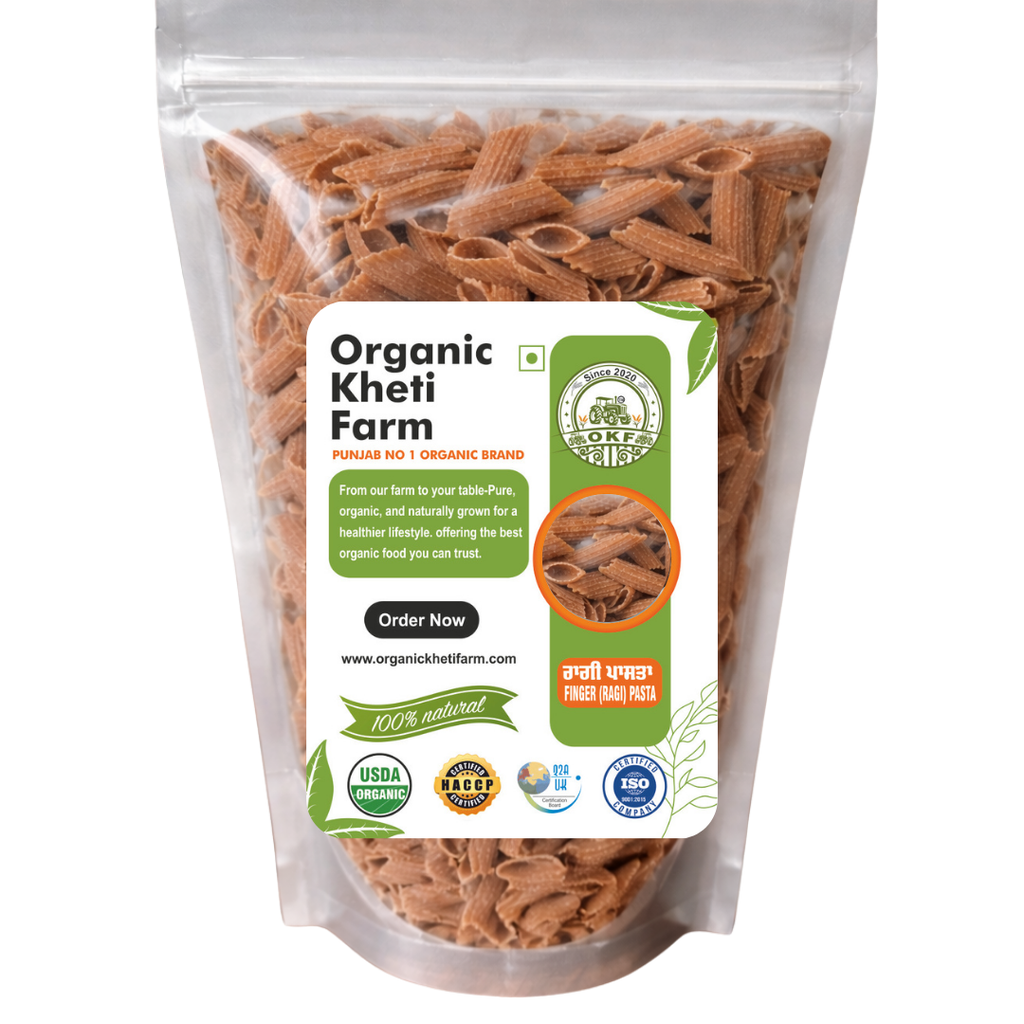 Organic Punjab farm-fresh finger millet (Ragi) pasta in a transparent package showing millet strands