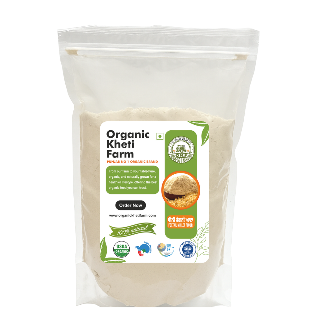 Organic Punjab farm-fresh foxtail millet flour in a traditional bowl with millet grains nearby