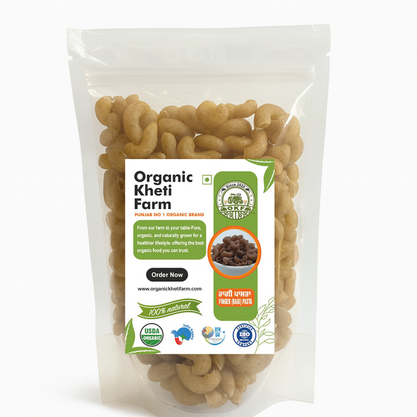 Pack of organic Ragi Pasta made from finger millet sourced directly from Punjab farm, showcasing natural and healthy food packaging.